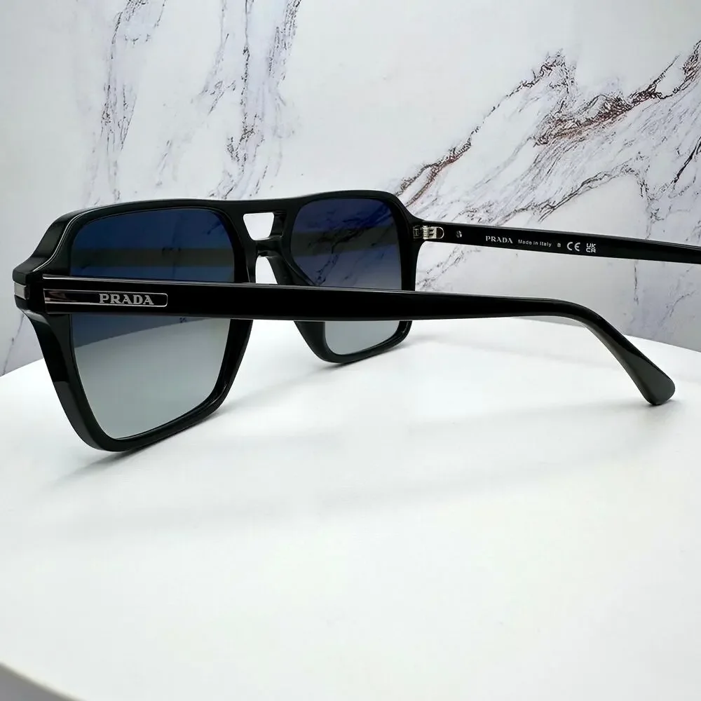 NEW PRADA Sunglasses Black Aviator Pilot 55-17mm Grey Lens Silver Logo - Picture 5 of 16
